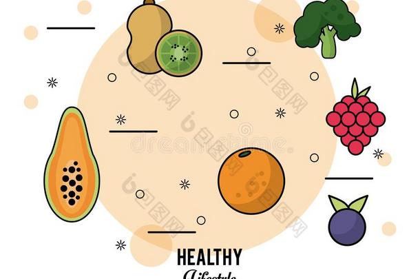 富有色彩的海报健康的生活方式和放置关于成果番木瓜树鹬鸵