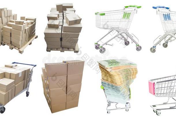 放置关于购物物体.盒,运货马车和钱