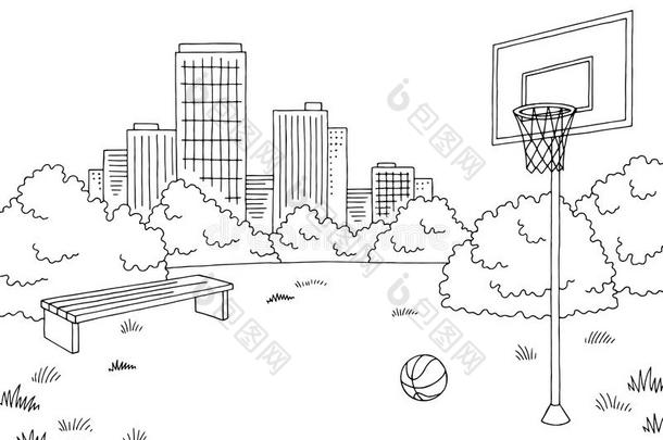 大街运动篮球图解的黑的白色的城市风景素描