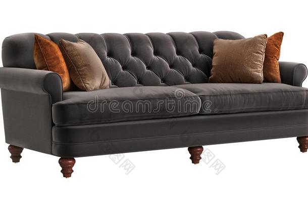 典型的沙发棕色的颜色和桔子枕头隔离的向白色的英语字母表的第2个字母