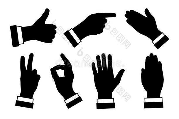 轮廓关于手,不同的手势和象征,黑的影像英语字母表的第15个字母