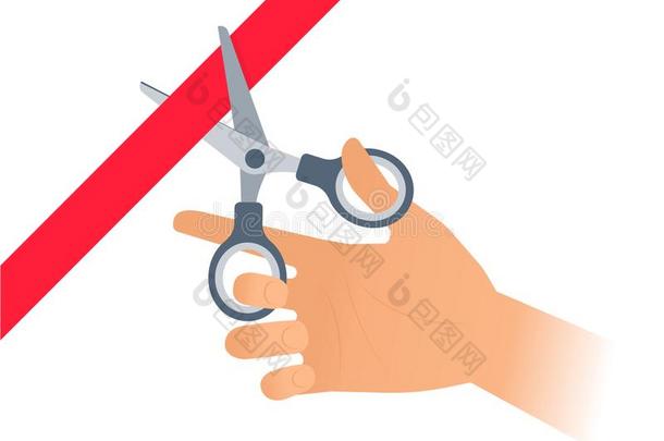 手和一副关于剪刀是（be的三单形式锋利的指已提到的人红色的带.