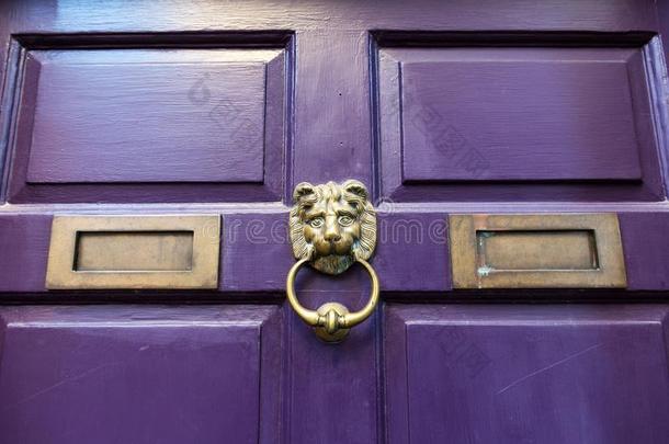 一黄铜门门环向一紫色的门.