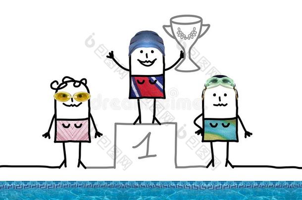 漫画<strong>游泳冠军</strong>女孩向表演台和杯子