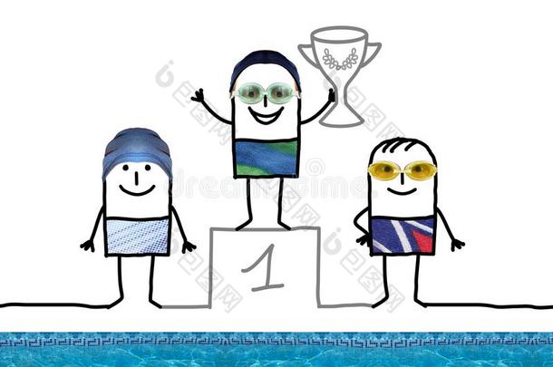 漫画<strong>游泳冠军</strong>男孩向表演台和杯子