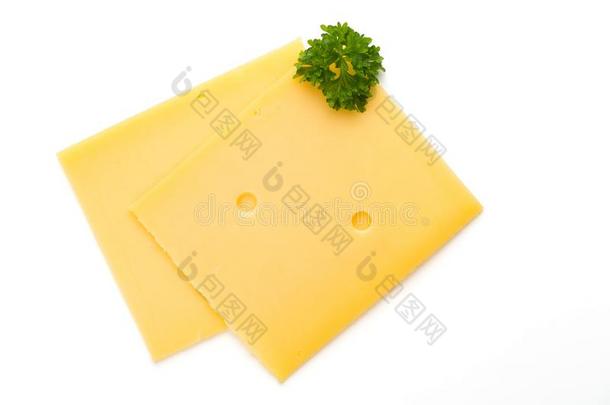 奶酪切成片隔离的向指已提到的人白色的背景.