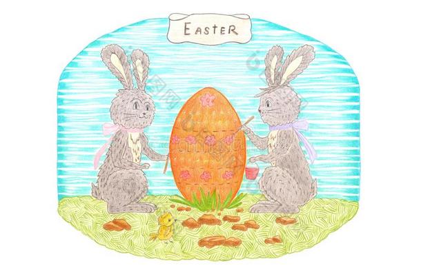 手绘画说明复活节和兔<strong>子</strong>,<strong>鸡蛋</strong>和鸡