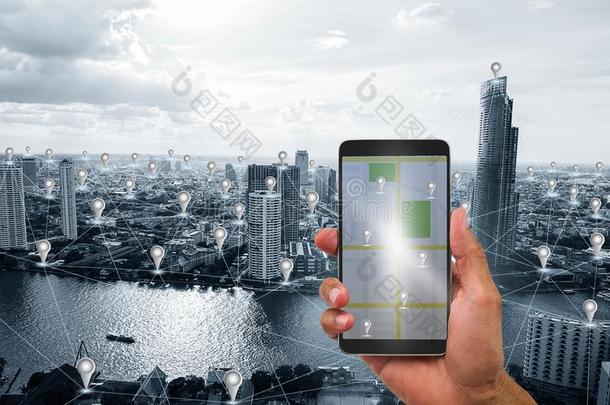 手佃户租种的土地可移动的电话向蓝色t向e聪明的城市和GlobalPositionSystem全球定位系统ic向
