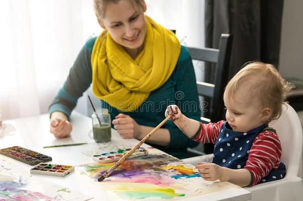 母亲教学她小的女儿怎样向颜料和水彩
