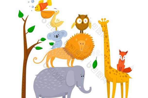 漂亮的有趣的漫画动物狮子,长颈鹿,象,狐,猫头鹰.