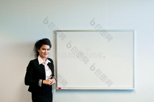商业女人现在的和绘画板向白色的背景