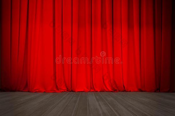 关闭着的剧场红色的窗帘和木材阶段或地点