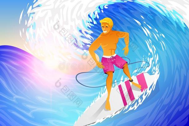 冲浪运动员骑马向蓝色洋波浪和冲浪板.肌肉的男人向