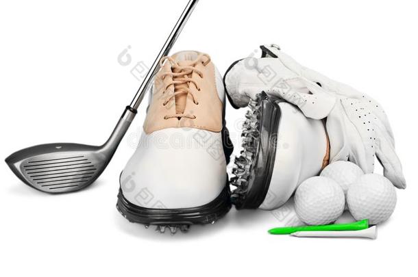 一副关于高尔夫<strong>球鞋</strong>子和手套,球,球座和高尔夫球
