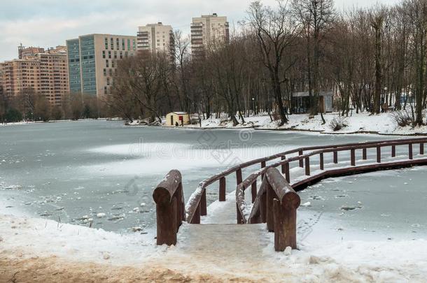 毁坏沉思的冷冻的池塘采用城市公园向一多云的w采用terd一