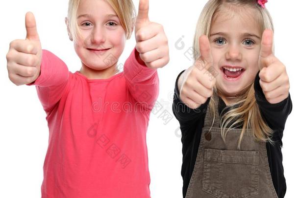 女儿孩子们小孩微笑的年幼的成功拇指在上面隔离的向