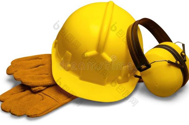 黄色的安全头盔和安全拳击手套和耳朵