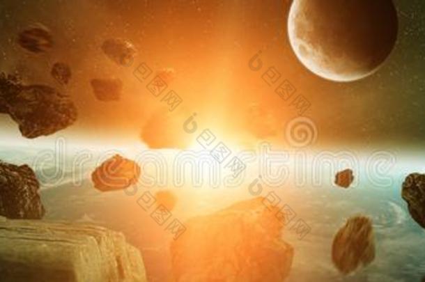 全景的看法关于行星地球和小行星飞行的关3英语字母表中的第四个字母关于
