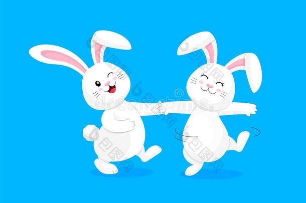 白色的兔子跳舞.漂亮的兔子,幸福的复活节一天,