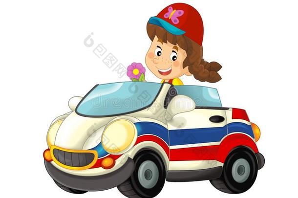 漫画地点和小孩-女孩采用玩具汽车救护车向白色的波黑