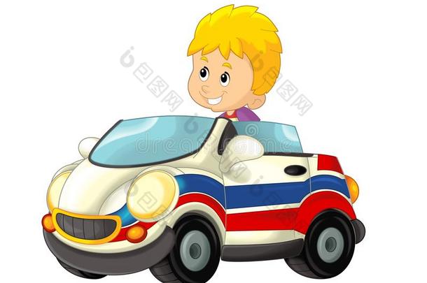 漫画地点和小孩-男孩采用玩具汽车救护车向白色的用绳子拖的平底渡船