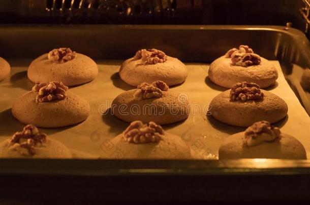 生的蜂蜜饼干和胡桃采用指已提到的人烤箱向一b一k采用g纸winter冬天