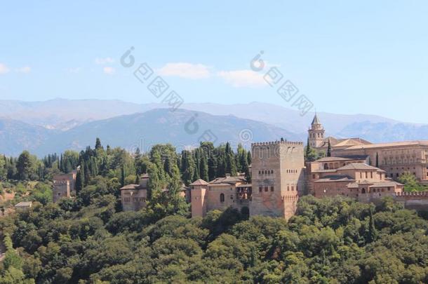 全景画看法关于中古西班牙摩尔人诸王的豪华宫殿宫,格兰纳达薄呢,西班牙
