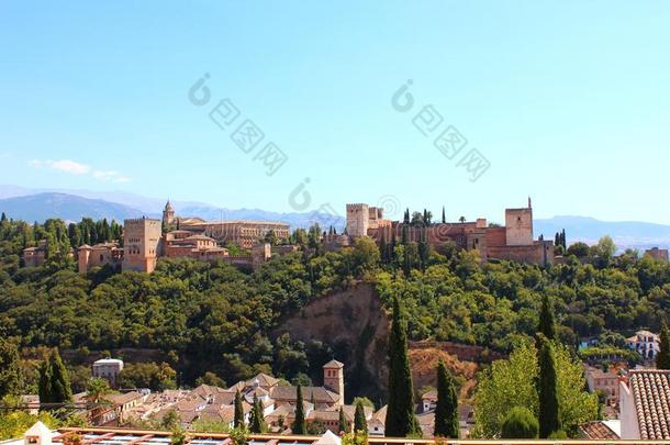 全景画看法关于中古西班牙摩尔人诸王的豪华宫殿宫,格兰纳达薄呢,西班牙