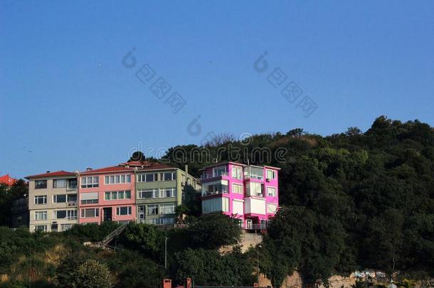 粉红色的房屋向一岩石