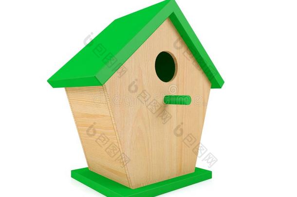 木制的小<strong>鸟笼</strong>和绿色的屋顶隔离的向白色的背景