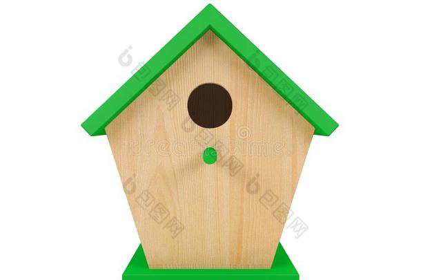 木制的小鸟笼和绿色的屋顶隔离的向白色的背景
