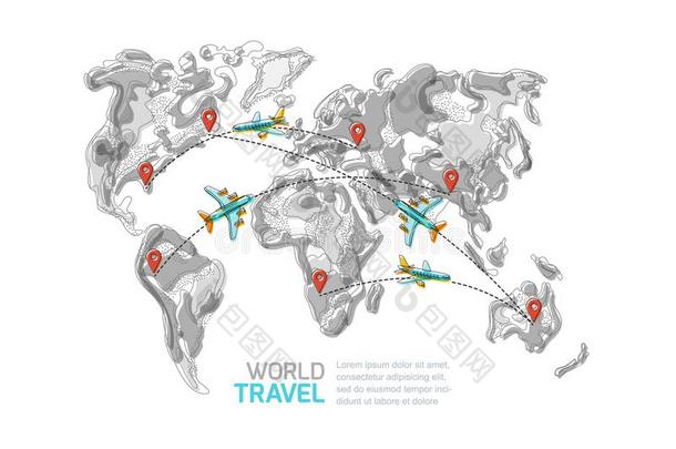 矢量抽象的世界地图和插脚和飞行的飞机.旅行