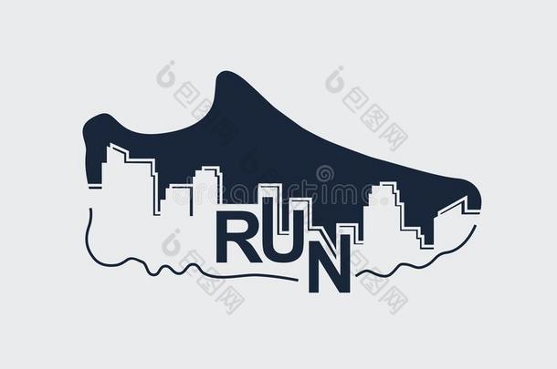 抽象的海报-跑步,<strong>运动鞋</strong>和指已提到的人城市.<strong>矢量</strong>图解