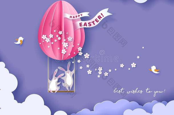 幸福的复活节卡片和兔子,花和鸡蛋