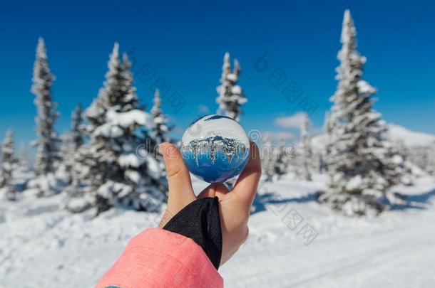 透明的玻璃<strong>球</strong>反射的一冷冻的冬l一ndsc一pe