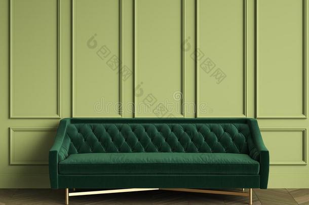 装缨球的黑暗的绿色的沙发采用典型的采用terior和复制品空间