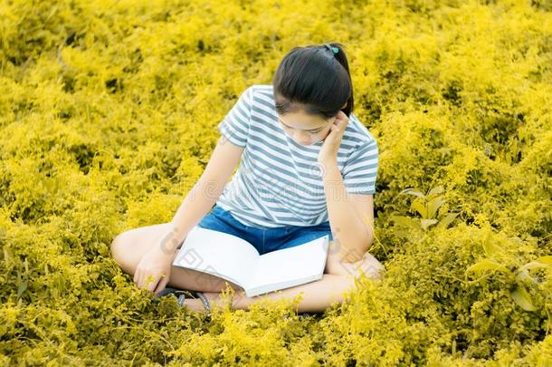 年幼的女孩阅读采用金草地你好自然