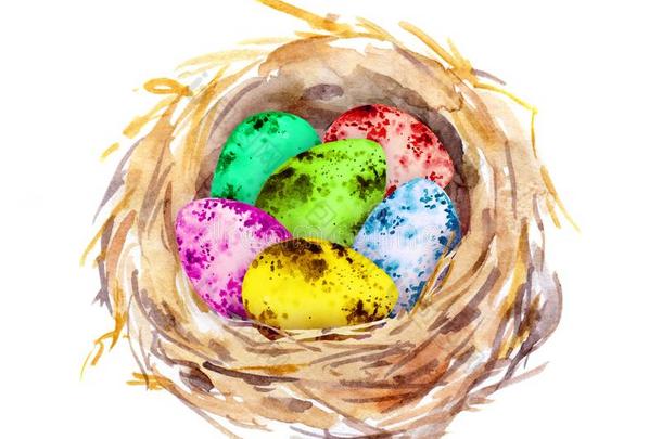 窝和复活节有色的卵.水彩