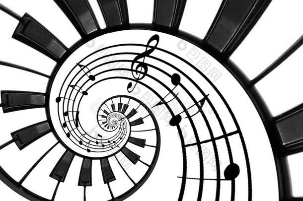 钢琴键盘印刷的音乐抽象的不规则碎片形螺旋模式用绳子拖的平底渡船