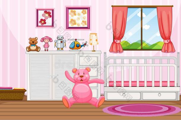 卧室地点和粉红色的<strong>泰迪熊</strong>和白色的小儿床
