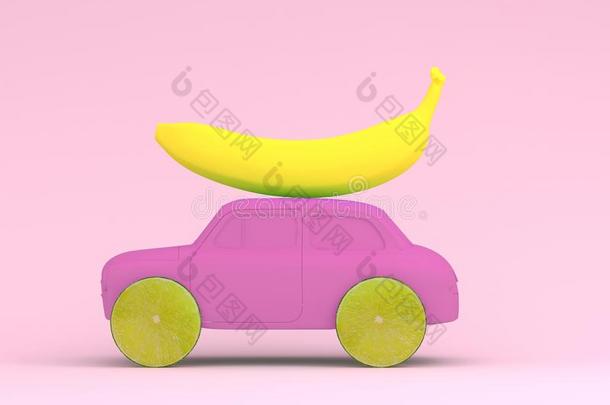柠檬成果布局轮子和香蕉,汽车粉红色的向彩色粉笔粉红色的用绳子拖的平底渡船