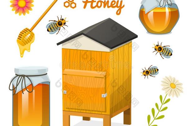 蜂蜜放置,蜜蜂和<strong>蜂箱</strong>,勺和蜂窝,<strong>蜂箱</strong>和<strong>养蜂</strong>场.英语字母表的第14个字母