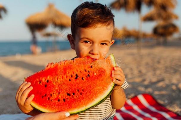 小的男孩吃西瓜向指已提到的人海滩