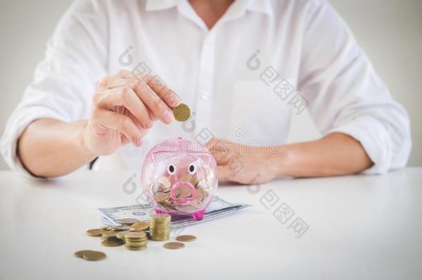 商人放置coinsurance联合保险进入中小猪银行和使用计算器英语字母表的第20个字母