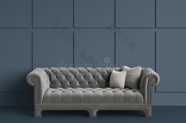 典型的装缨球的沙发采用空的房间和灰色的墙