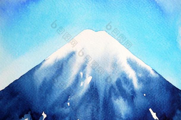 紫藤山富士山和蓝色天水彩绘画illustrat