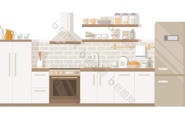 厨房内部家家具表,炉和电冰箱