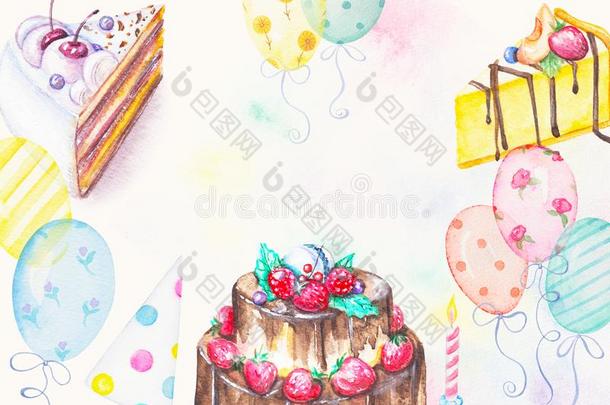 水彩蛋糕,蜡烛,盖和气球