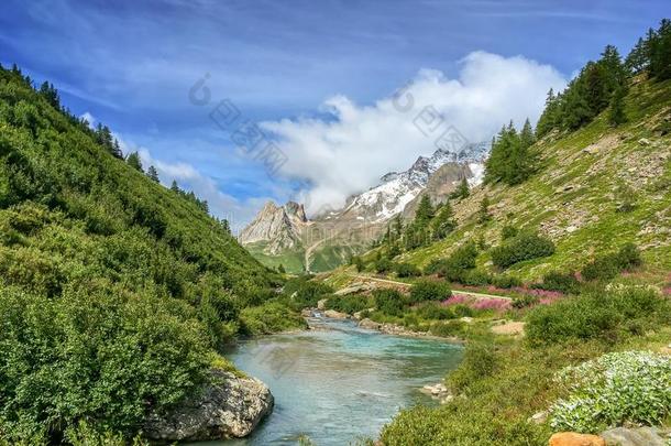 奔流风景在的时候旅行duty义务montane山地森林白徒步旅行,奥斯塔山谷我