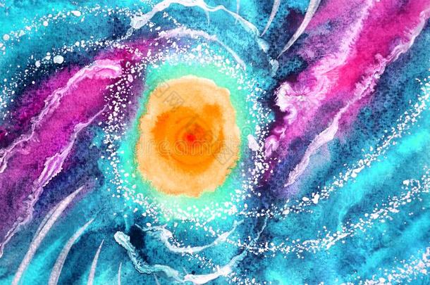 抽象的海洋波浪,太阳宇宙水彩绘画
